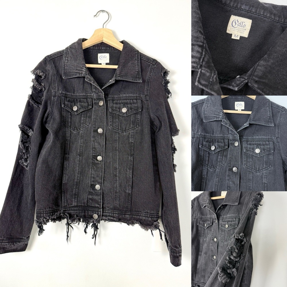 Cello Distressed Denim Jacket Short Acid-Washed Black Button Up Womens‎ Size Med